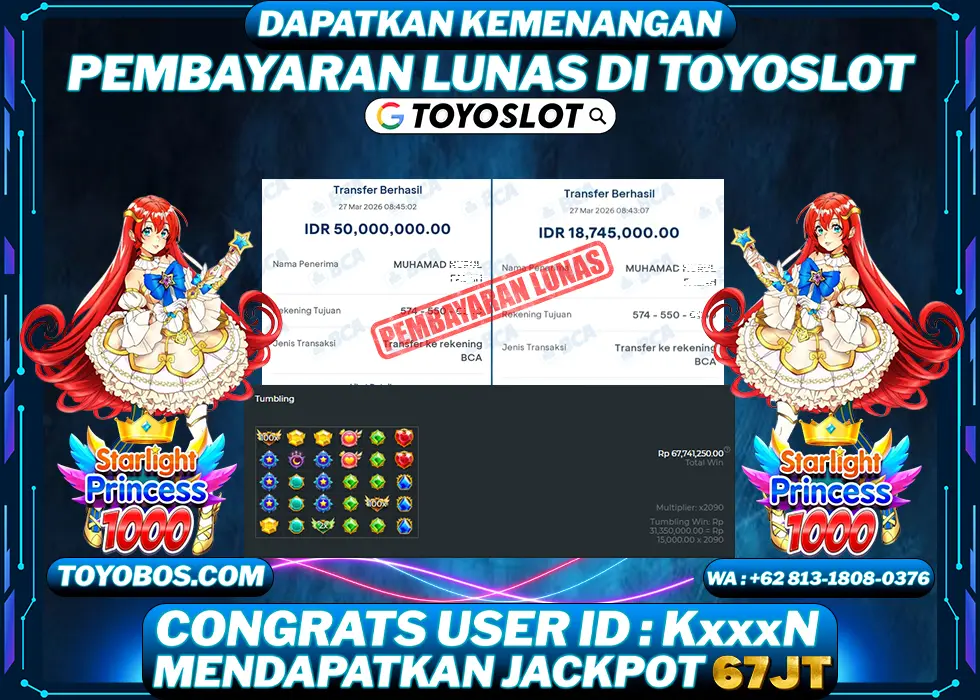 TOYOSLOT - BUKTI KEMENANGAN Starlight Princess x1000 Rp67,000,000,- LUNAS